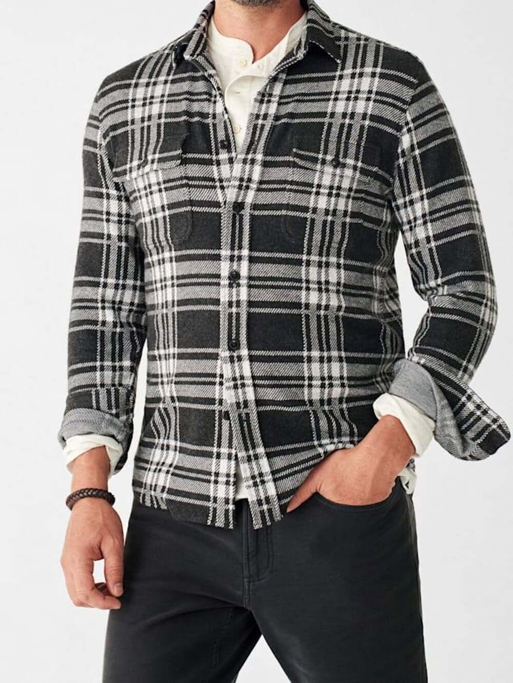 Faherty Men’s Legend Sweater Shirt Size L Charcoal Bone Plaid Flannel